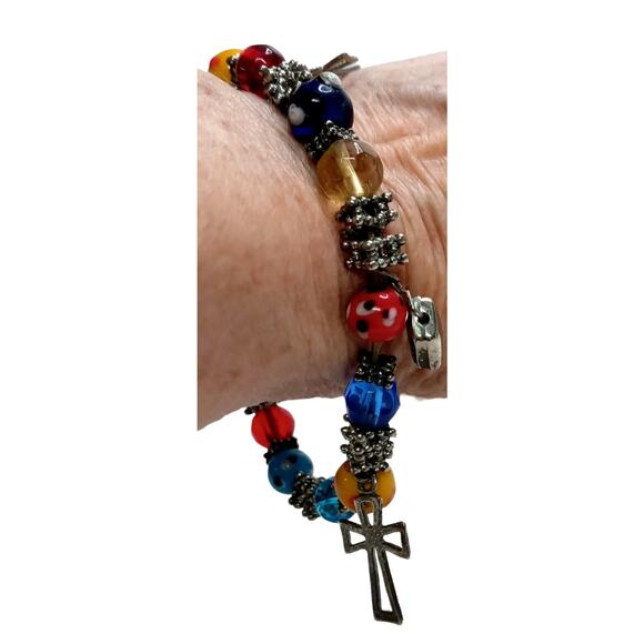 🌈 Multicolor Lampwork Bracelet w/ Cross Charms | Boho VTG Stretch - Picture 4 of 12